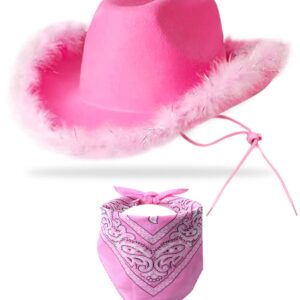 YBHOMINE Cowboy Hat with Bandana - Feather Boa Cowgirl Hat for Women & Men,bachelorette party Halloween Dress-Up (Pink)