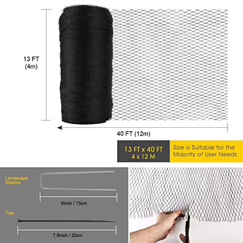 Bird Netting for Garden - 13 x 40 FT Heavy Duty Anti Bird Netting Mesh with Ties and Landscape Staples for Vegetable, Fruit Trees & Other Plants, Lasting Against Birds Deer Squirrels and Poultry