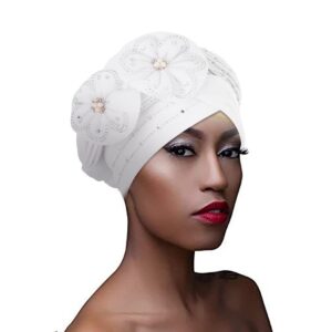 Woeoe Women African Head Wraps White Rhinestones Head Scarf Floral Pearls Beanie Cap Headwear