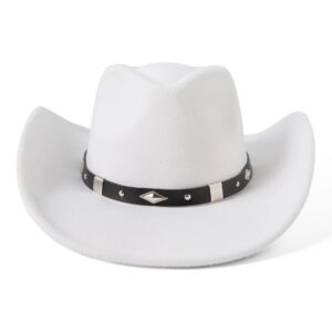 JOYEBUY Classic Wide Brim Women Men Western Style Cowboy Cowgirl Hats with Buckle Belt (Medium, White)