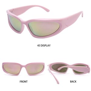 knliwkm Y2K Wrap Around Sunglasses Fashion Rave Metallic Chrome Space Alien Glasses Futuristic Shades Sports for Women Men