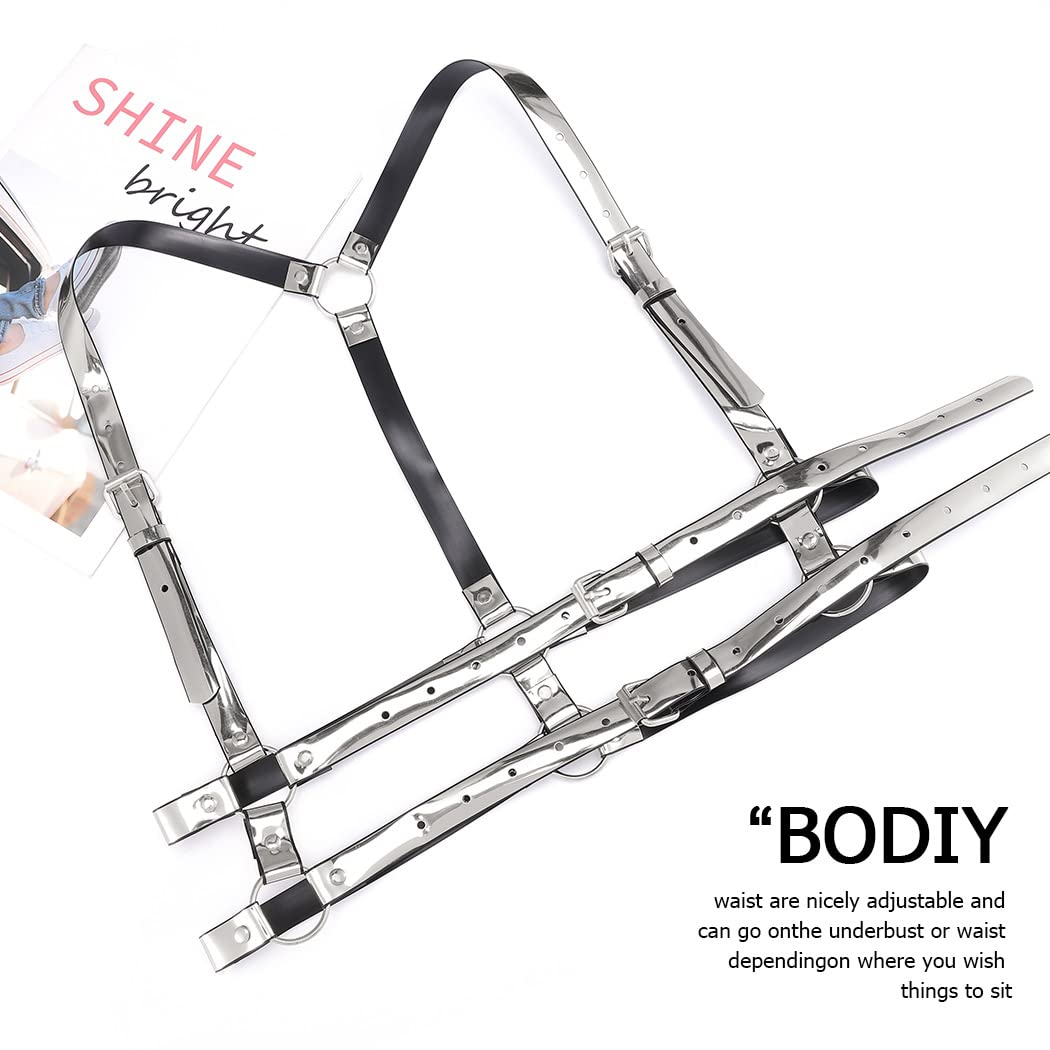 BODIY Women High Waisted Harness Belt Silver Mirror Waist Strap Belts Rave Punk Rock Belts