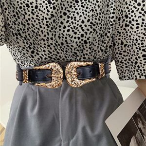 Barry.Wang Stretchy Belts Women Wide Elastic Cinch Waist Belt Designed Chain Black Snap-Button 2 Gold Buckle Halloween