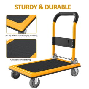 Gromay Push Cart Dolly 660lb Weight Capacity, Foldable Platform Truck,Yellow Moving Flatbed Cart with 4inch 360° Mute Wheels for Garage Garden Furniture Transport