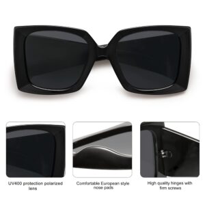 SOJOS Retro Square Polarized Womens Sunglasses Trendy Oversized Large Women's UV Protection Big Shades SJ2224 Black Grey Lens