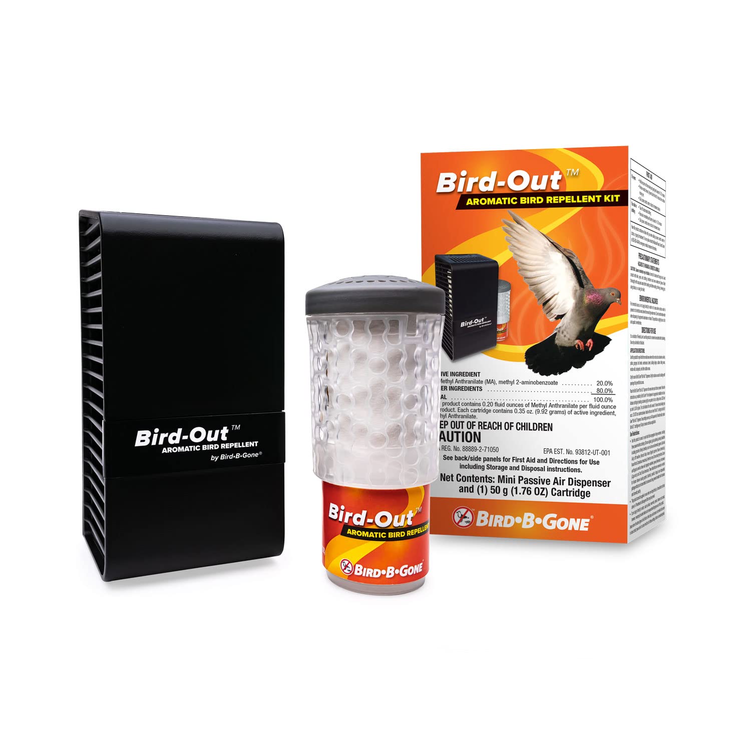 Bird B Gone - Bird-Out Aromatic Bird Repellent Kit - Dispenser & Cartridge - Humane Bird Deterrent Covers 8,000 cu ft (20'x20'x20') - for Patios, Decks, Yards - Easy, Scalable, & Discreet Solution