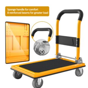 Gromay Push Cart Dolly 660lb Weight Capacity, Foldable Platform Truck,Yellow Moving Flatbed Cart with 4inch 360° Mute Wheels for Garage Garden Furniture Transport