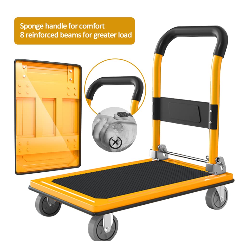 Gromay Push Cart Dolly 660lb Weight Capacity, Foldable Platform Truck,Yellow Moving Flatbed Cart with 4inch 360° Mute Wheels for Garage Garden Furniture Transport