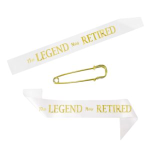 The Legend Has Retired Sash – Elegant White and Gold Foil Legendary Sash for Both Women and Men & a Large Gold Safety Pin. Perfect for Retirement Parties by JPACO