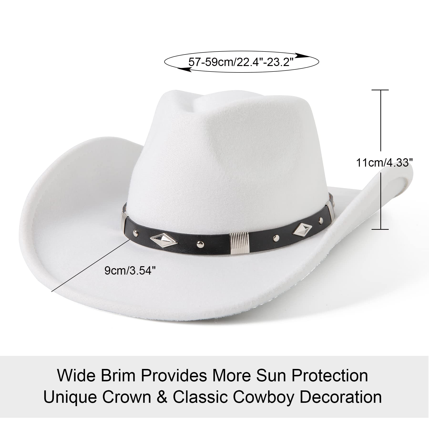 JOYEBUY Classic Wide Brim Women Men Western Style Cowboy Cowgirl Hats with Buckle Belt (Medium, White)