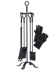 lichamp fireplace tools set, 5-pieces indoor outdoor sturdy fire place poker sets with retro handle and heat resistant leather gloves, fts55bk