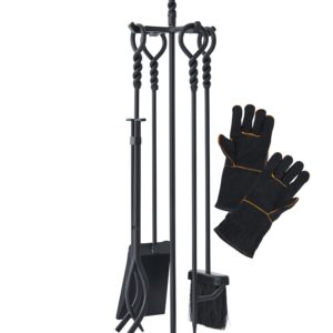 Lichamp Fireplace Tools Set, 5-Pieces Indoor Outdoor Sturdy Fire Place Poker Sets with Retro Handle and Heat Resistant Leather Gloves, FTS55BK