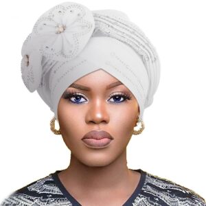 woeoe women african head wraps white rhinestones head scarf floral pearls beanie cap headwear