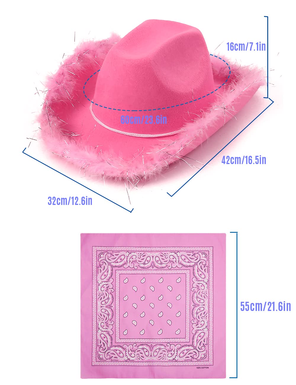 YBHOMINE Cowboy Hat with Bandana - Feather Boa Cowgirl Hat for Women & Men,bachelorette party Halloween Dress-Up (Pink)