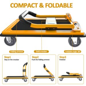 Gromay Push Cart Dolly 660lb Weight Capacity, Foldable Platform Truck,Yellow Moving Flatbed Cart with 4inch 360° Mute Wheels for Garage Garden Furniture Transport