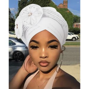 Woeoe Women African Head Wraps White Rhinestones Head Scarf Floral Pearls Beanie Cap Headwear