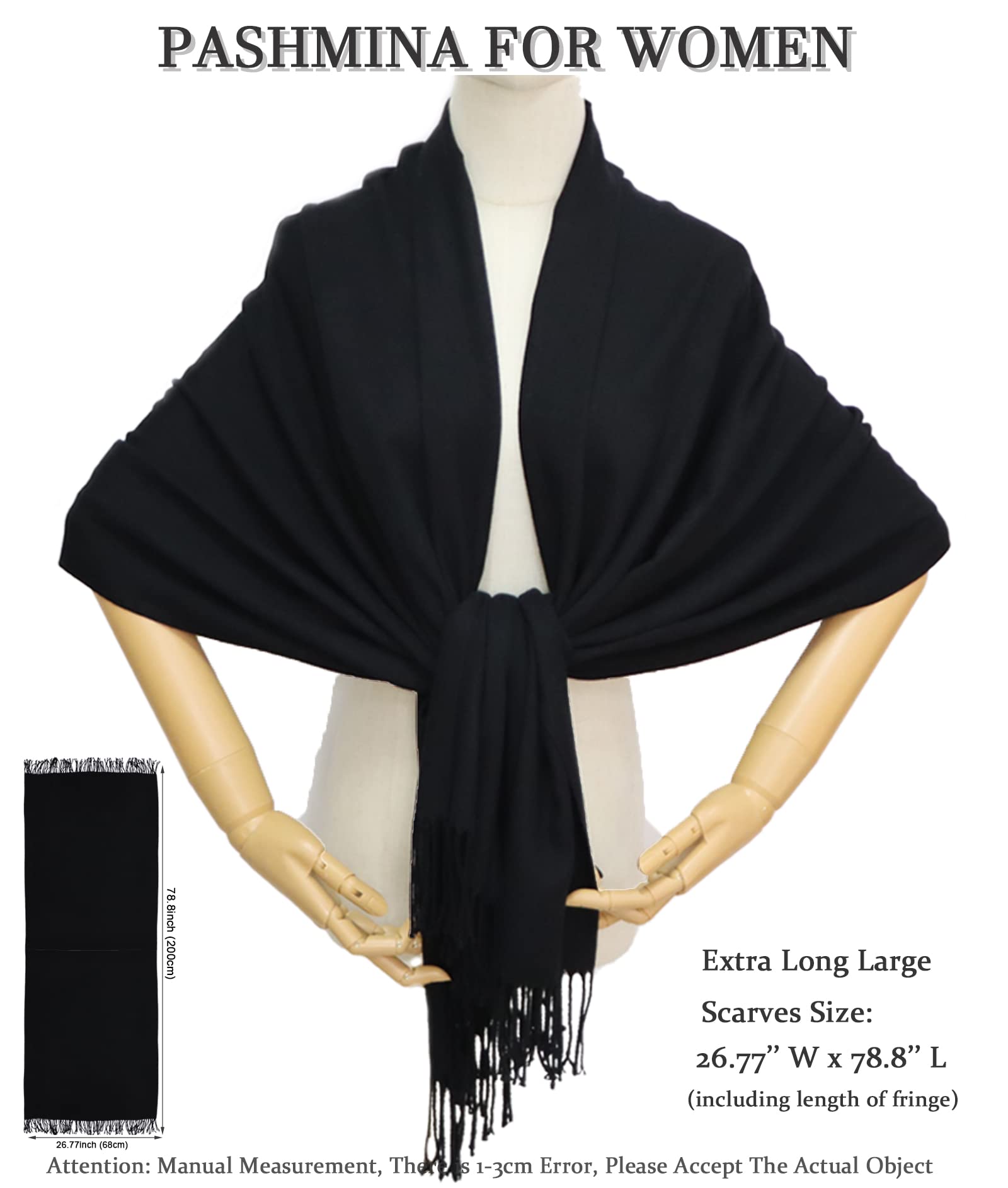 Gragengs Pashmina Shawls and Wraps Scarfs for Women Wedding Party Winter Warm Long Solid Color,Black