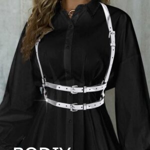 BODIY Women High Waisted Harness Belt Silver Mirror Waist Strap Belts Rave Punk Rock Belts