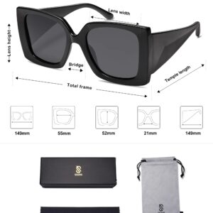 SOJOS Retro Square Polarized Womens Sunglasses Trendy Oversized Large Women's UV Protection Big Shades SJ2224 Black Grey Lens