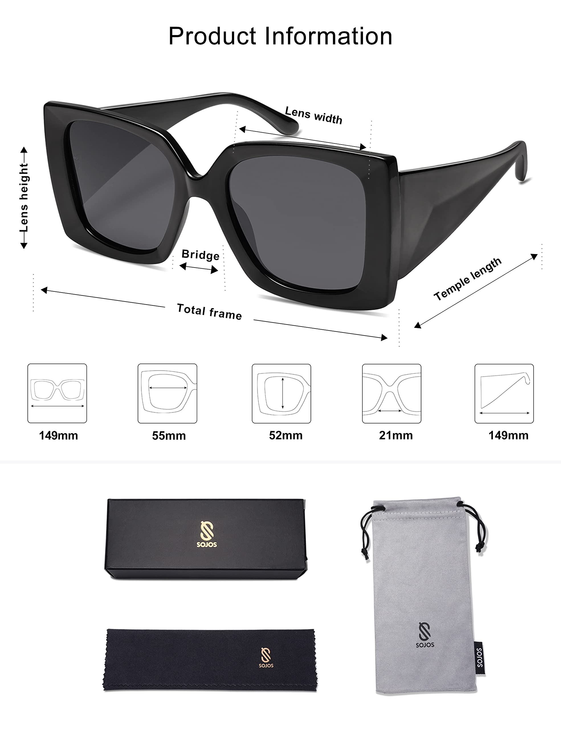 SOJOS Retro Square Polarized Womens Sunglasses Trendy Oversized Large Women's UV Protection Big Shades SJ2224 Black Grey Lens