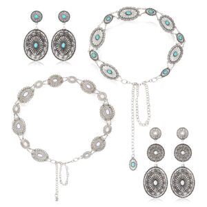 newtay 4 pcs western belts for women cowgirl concho belts earrings set including 2 metal turquoise belts 2 pairs dangle earrings(white, green)