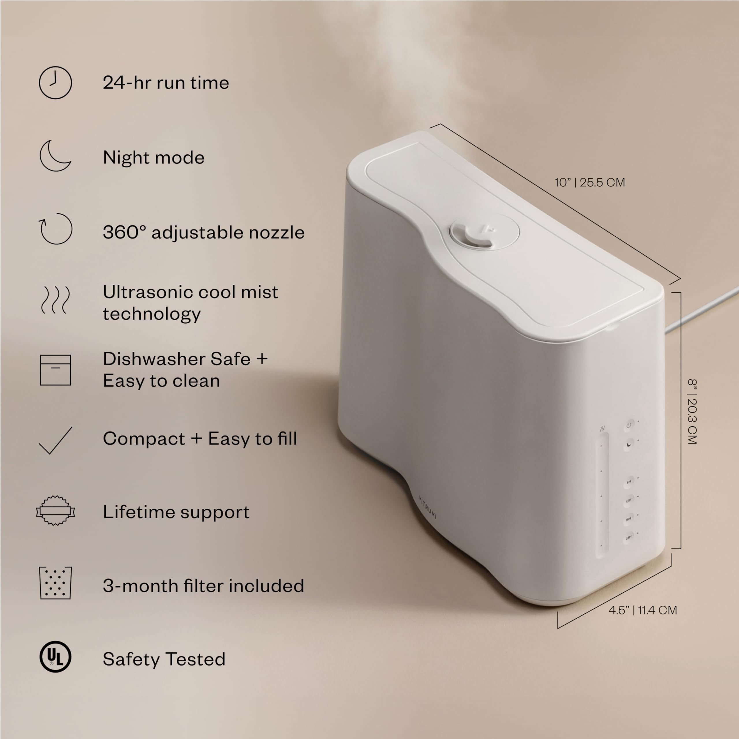 Vitruvi Cloud Bedside Humidifier, White Humidifier, 24 Hr Run Time, 602ft Coverage, Large Home Bedroom, Baby Room - Includes 3 Month Filter