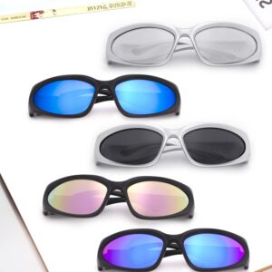 knliwkm Y2K Wrap Around Sunglasses Fashion Rave Metallic Chrome Space Alien Glasses Futuristic Shades Sports for Women Men