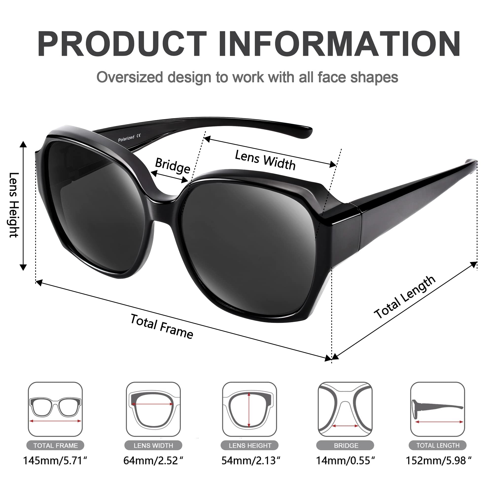 Paukis Over Glasses Sunglasses for Women, Square Oversized Sun Glasses Cover Fit Over Glasses TR90 Black Frame, Polarized UV Protection