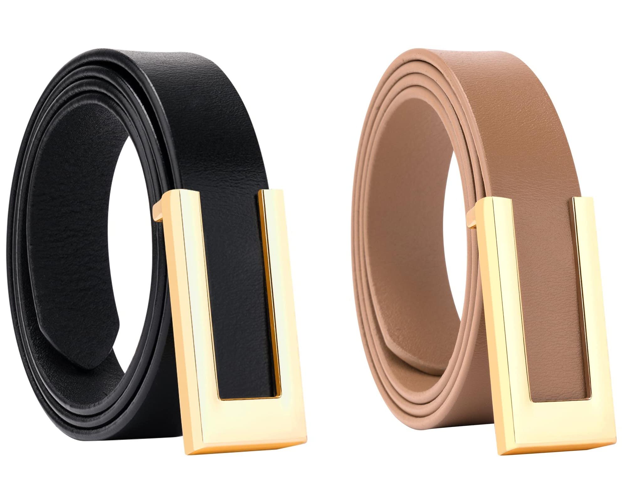 YooAi Womens Leather Belt Skinny Waist Belt for Dresses Jeans Pants with Gold Buckle Black+Khaki 95