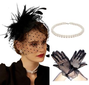 cizoe black 1920s fascinator hats for women 20s 50s vintage feather hat,necklace,gloves,earrings(a-big feather set)