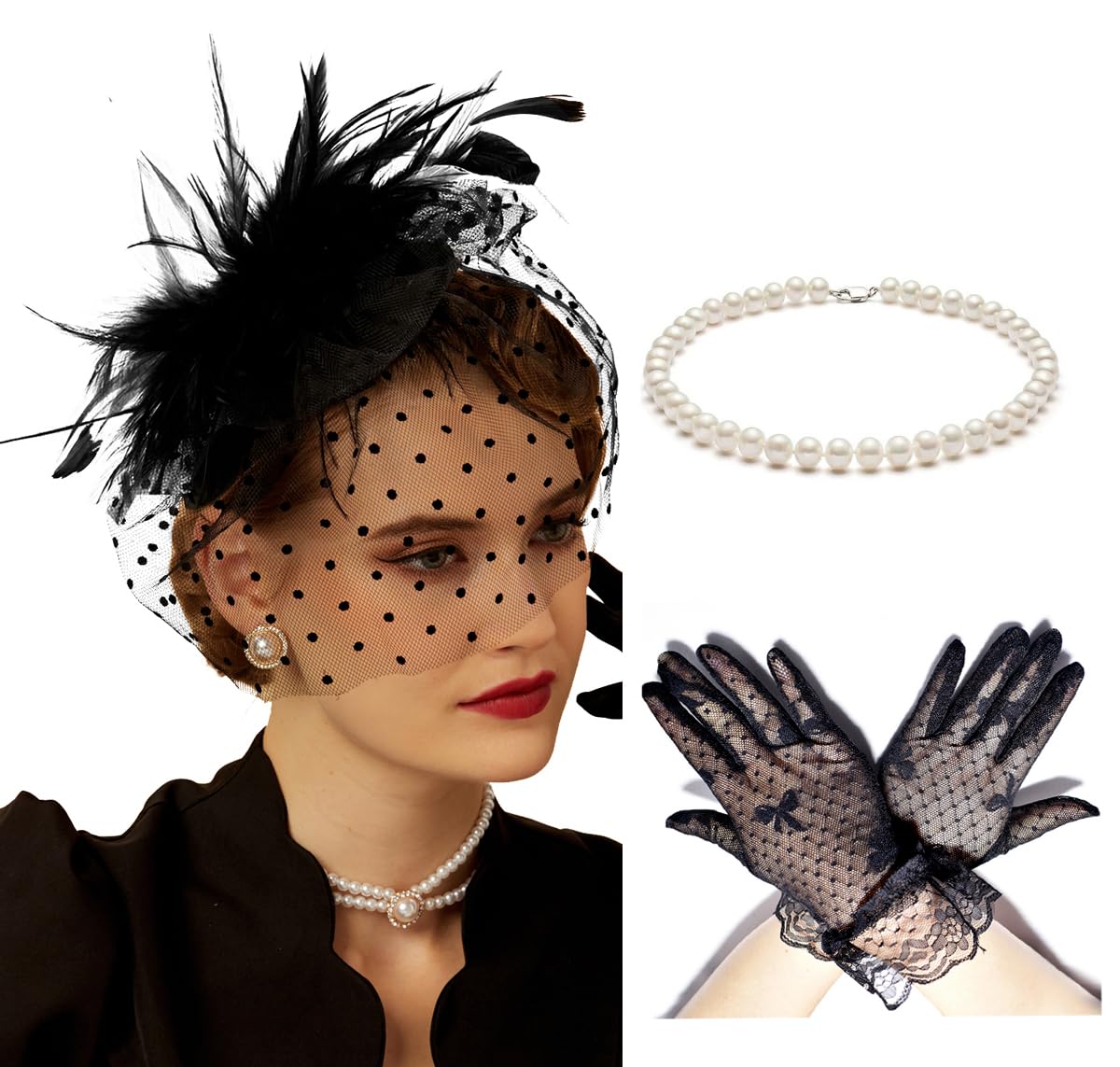 Cizoe Black 1920s Fascinator Hats for Women 20s 50s Vintage Feather Hat,Necklace,Gloves,Earrings(A-Big feather set)