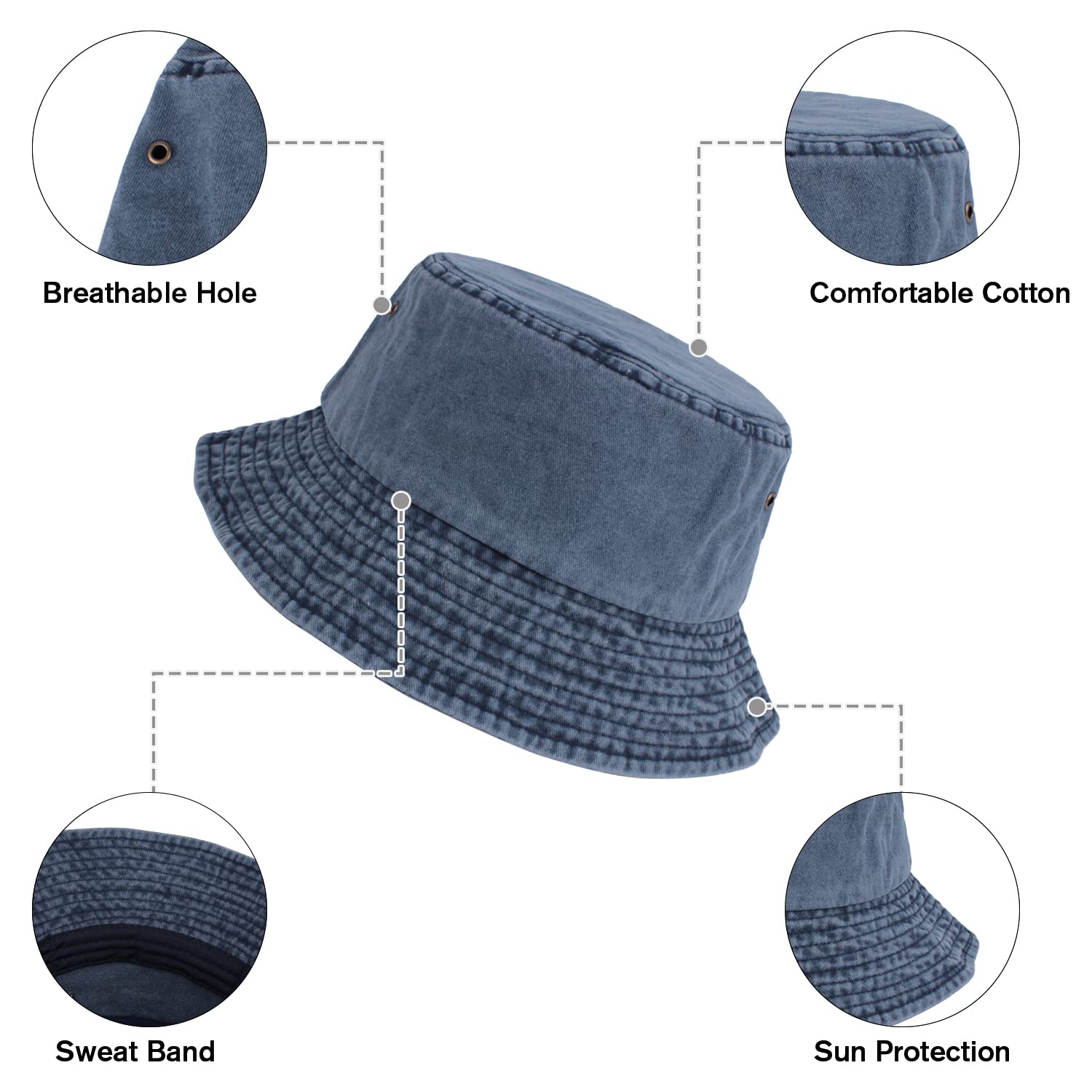 kozinu Washed Cotton Bucket Hats Packable Summer Outdoor Cap Travel Beach Sun Hat Plain Colors for Men Women