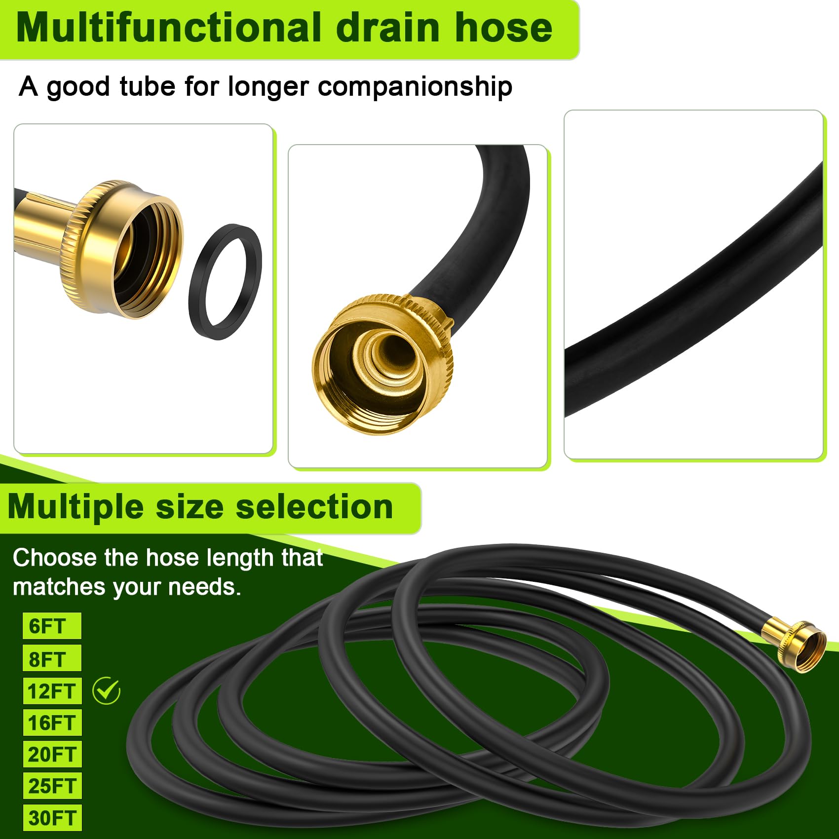 12FT Dehumidifier Drain Hose with 3/4 Inch FHT Connector, featuring Rust-Resistant Brass Fittings for Leak-Proof Connection, Perfectly Compatible with Most Dehumidifier Brands(7 Length Options)