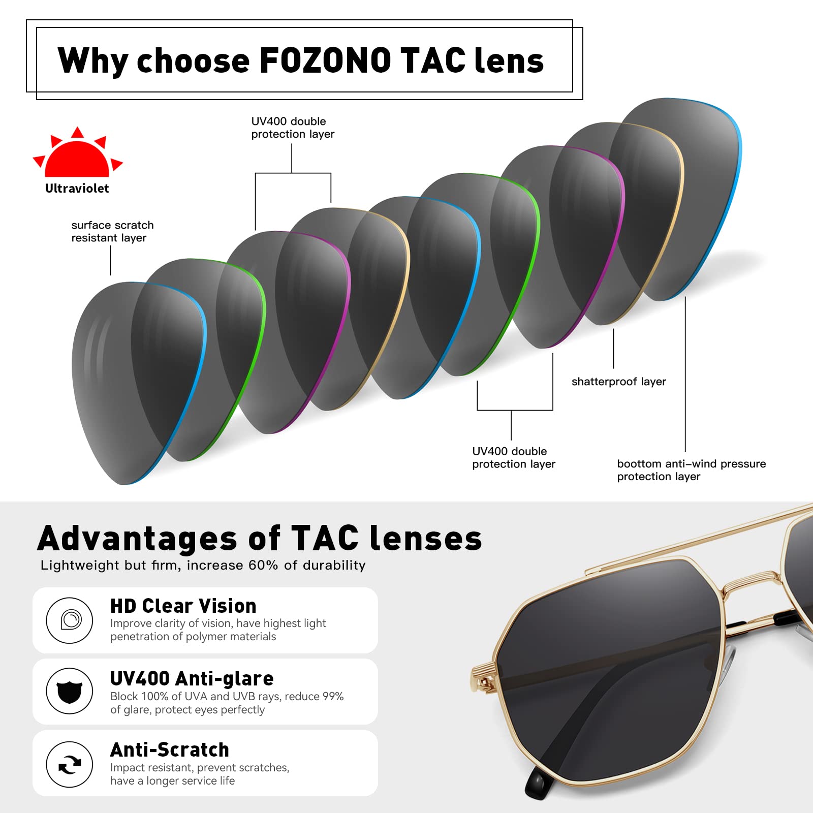 Fozono Classic Aviator Sunglasses for Women Men Square Oversize Polarized Sunglasses(Gold/Grey)