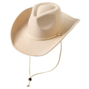 lanzom women men retro felt wide brim western cowboy cowgirl hat dress up hat with wind lanyard (beige,medium)