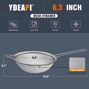 Ydeapi 6.3" Fine Mesh Strainer with Handle, Metal Food Strainers for Kitchen, Sieve Fine Mesh Stainless Steel for Rice, Quinoa, Pasta, Noodles