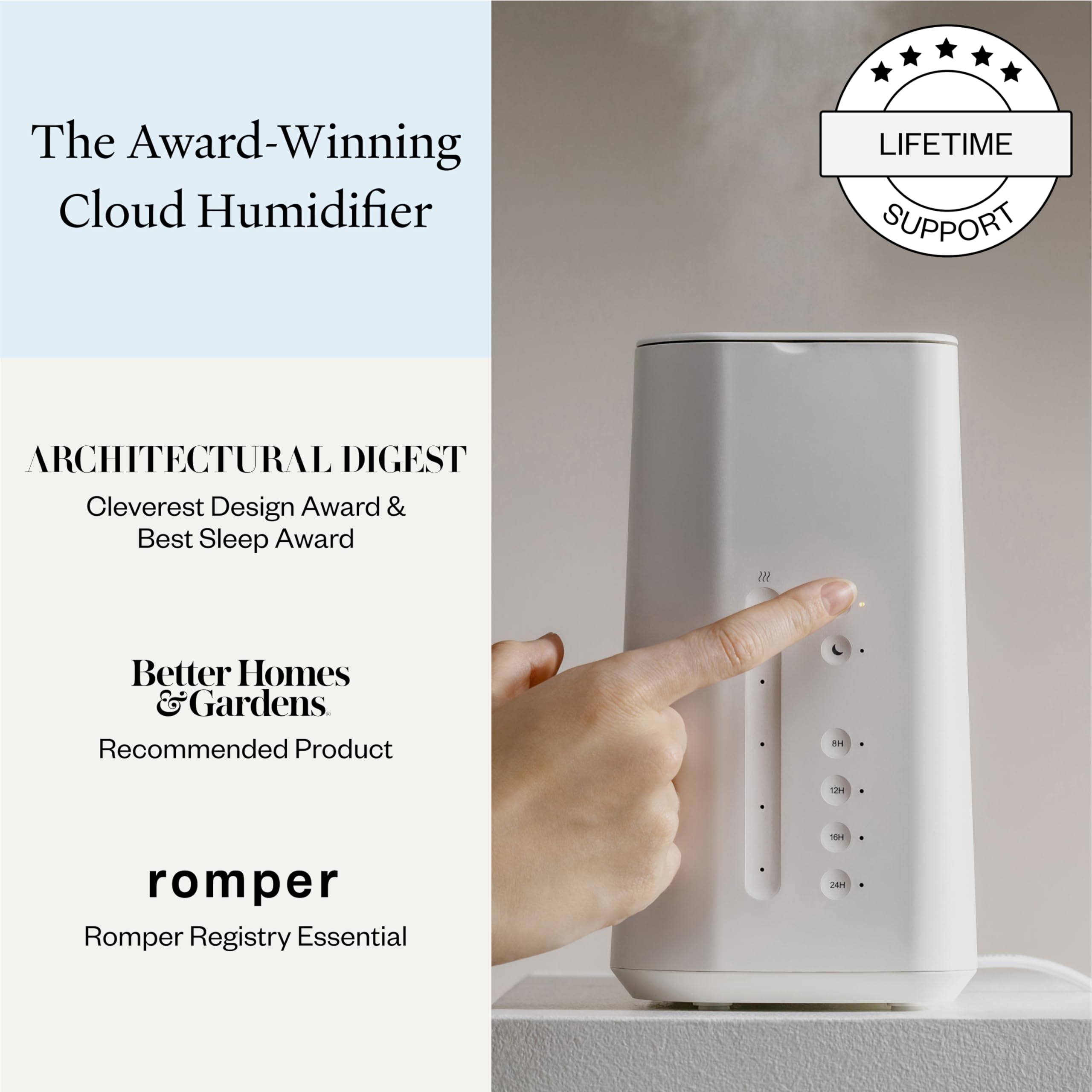 Vitruvi Cloud Bedside Humidifier, White Humidifier, 24 Hr Run Time, 602ft Coverage, Large Home Bedroom, Baby Room - Includes 3 Month Filter