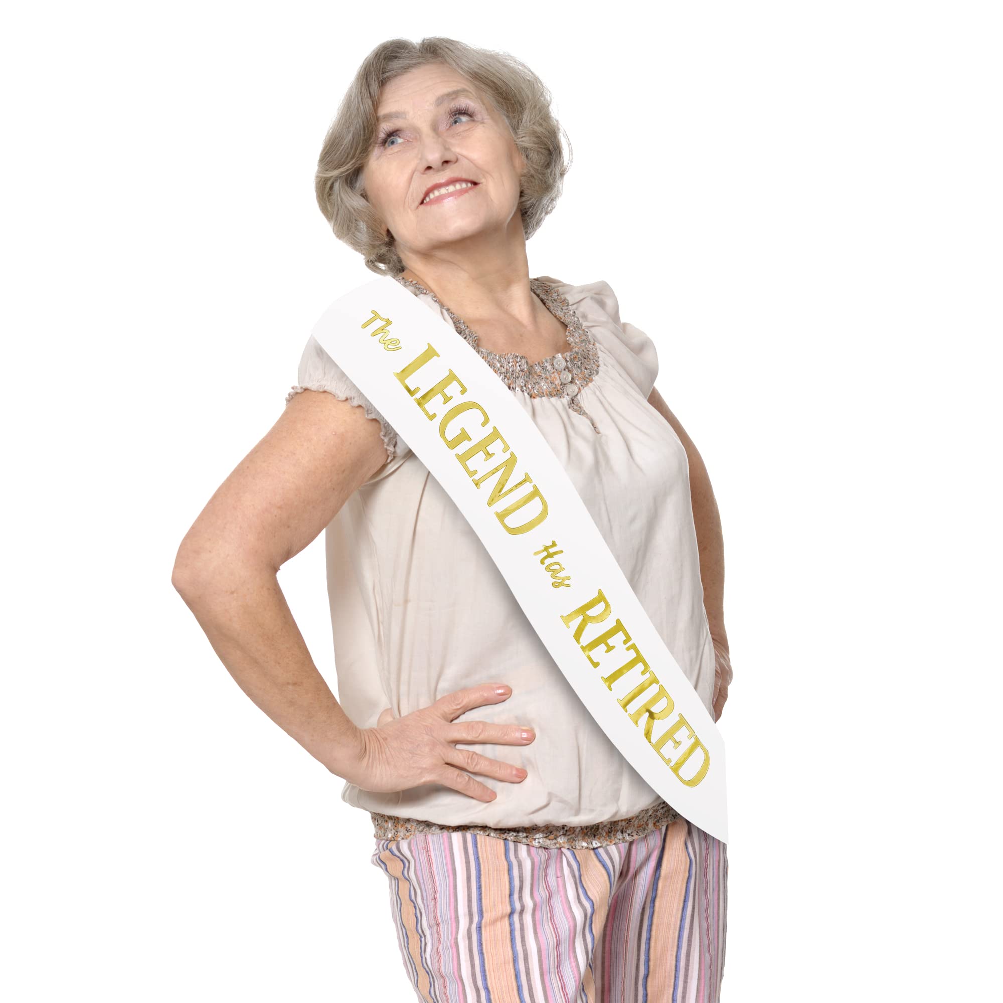 The Legend Has Retired Sash – Elegant White and Gold Foil Legendary Sash for Both Women and Men & a Large Gold Safety Pin. Perfect for Retirement Parties by JPACO