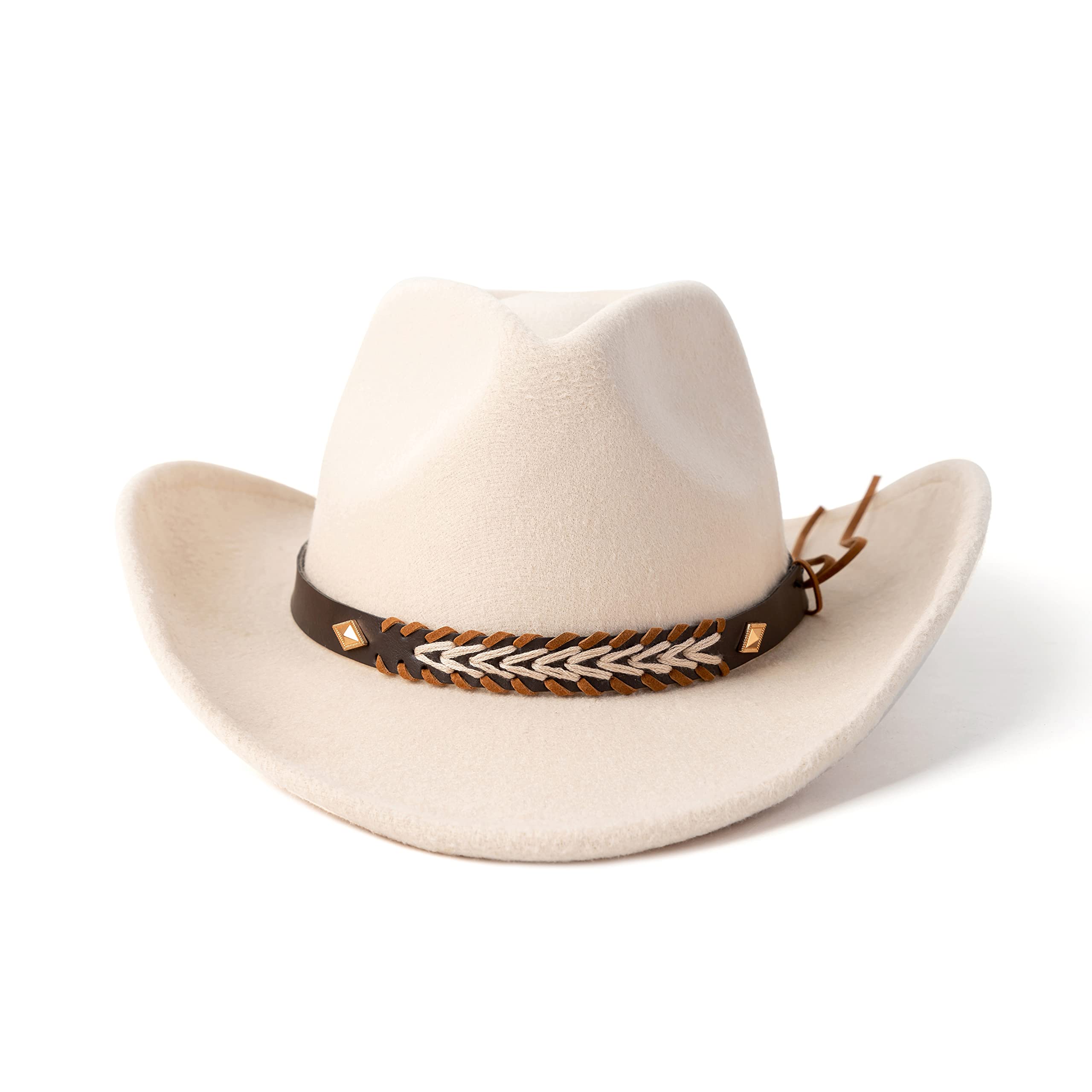 Gossifan Western Cowboy & Cowgirl Hat Felt Wide Brim Women Men Fedora Hats-Beige