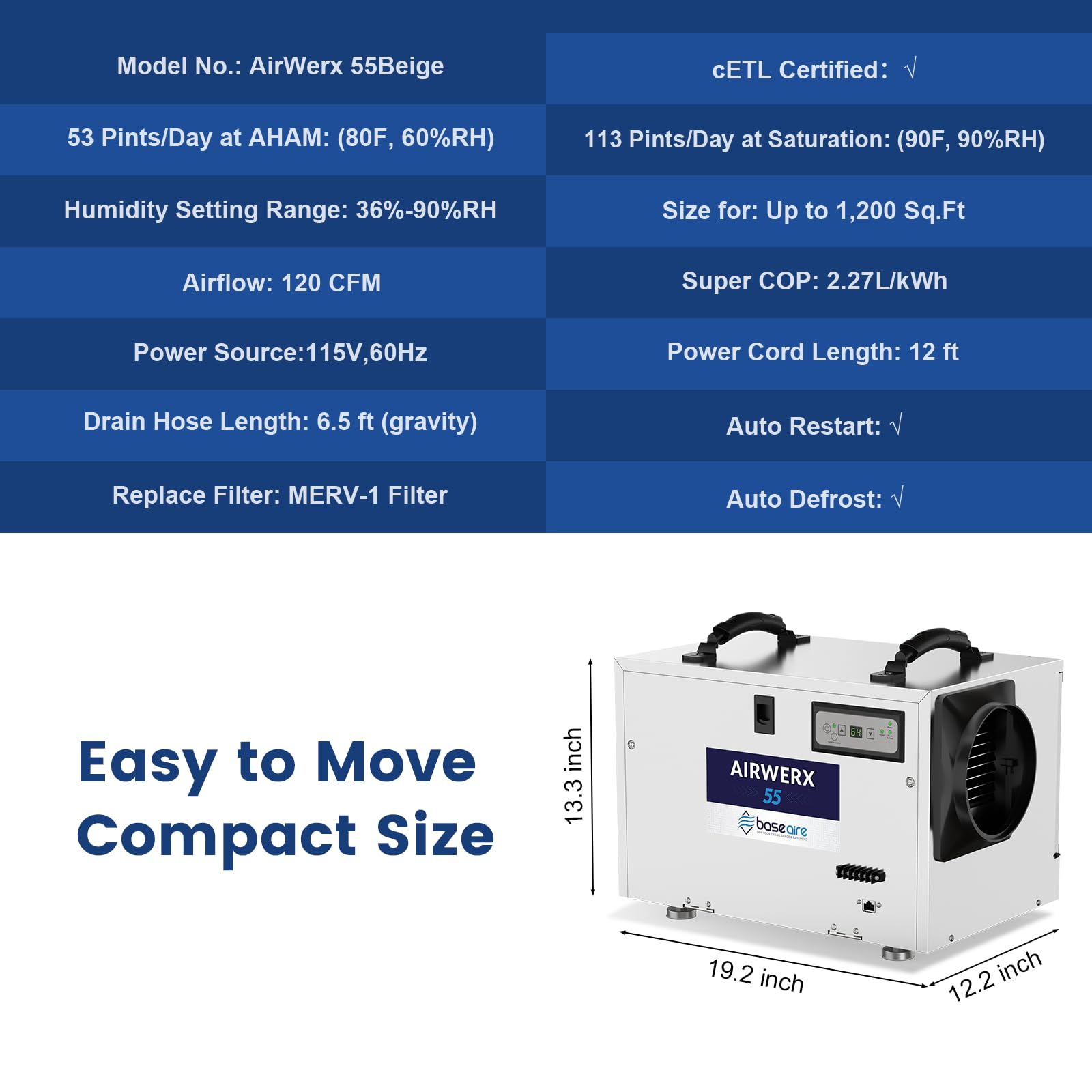 BaseAire Basement Crawl Space Dehumidifier 113 Pint with Continuous Drain Hose, Compact Commercial Industrial Home Dehumidifiers for Crawlspace Garage Attic Whole House