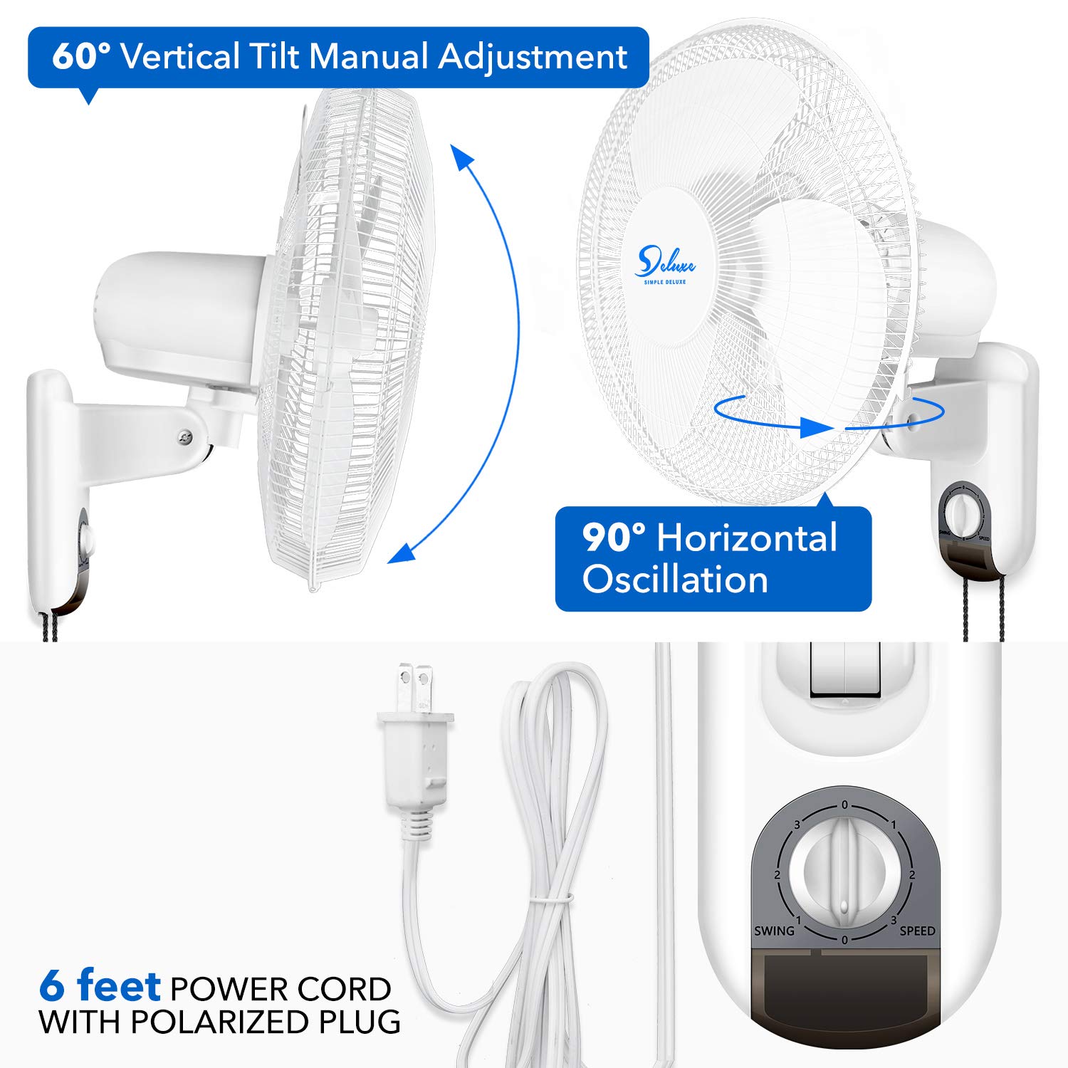 Simple Deluxe 16 Inch Digital Household Wall Mount Fans, Adjustable Tilt, 90 Degree, 3 Speed Settings, 2 Pack, White