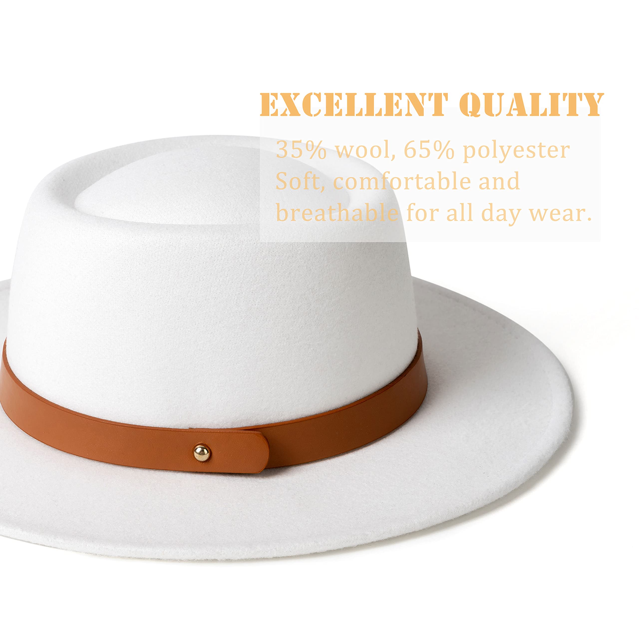 EOGIMI Lady Retro Wide Brim Fedora Floppy Pork Pie Hat with Belt Buckle White