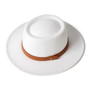 EOGIMI Lady Retro Wide Brim Fedora Floppy Pork Pie Hat with Belt Buckle White