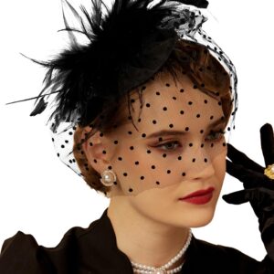 Cizoe Black 1920s Fascinator Hats for Women 20s 50s Vintage Feather Hat,Necklace,Gloves,Earrings(A-Big feather set)