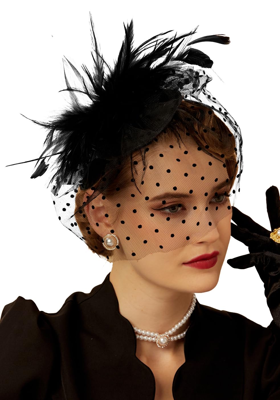 Cizoe Black 1920s Fascinator Hats for Women 20s 50s Vintage Feather Hat,Necklace,Gloves,Earrings(A-Big feather set)