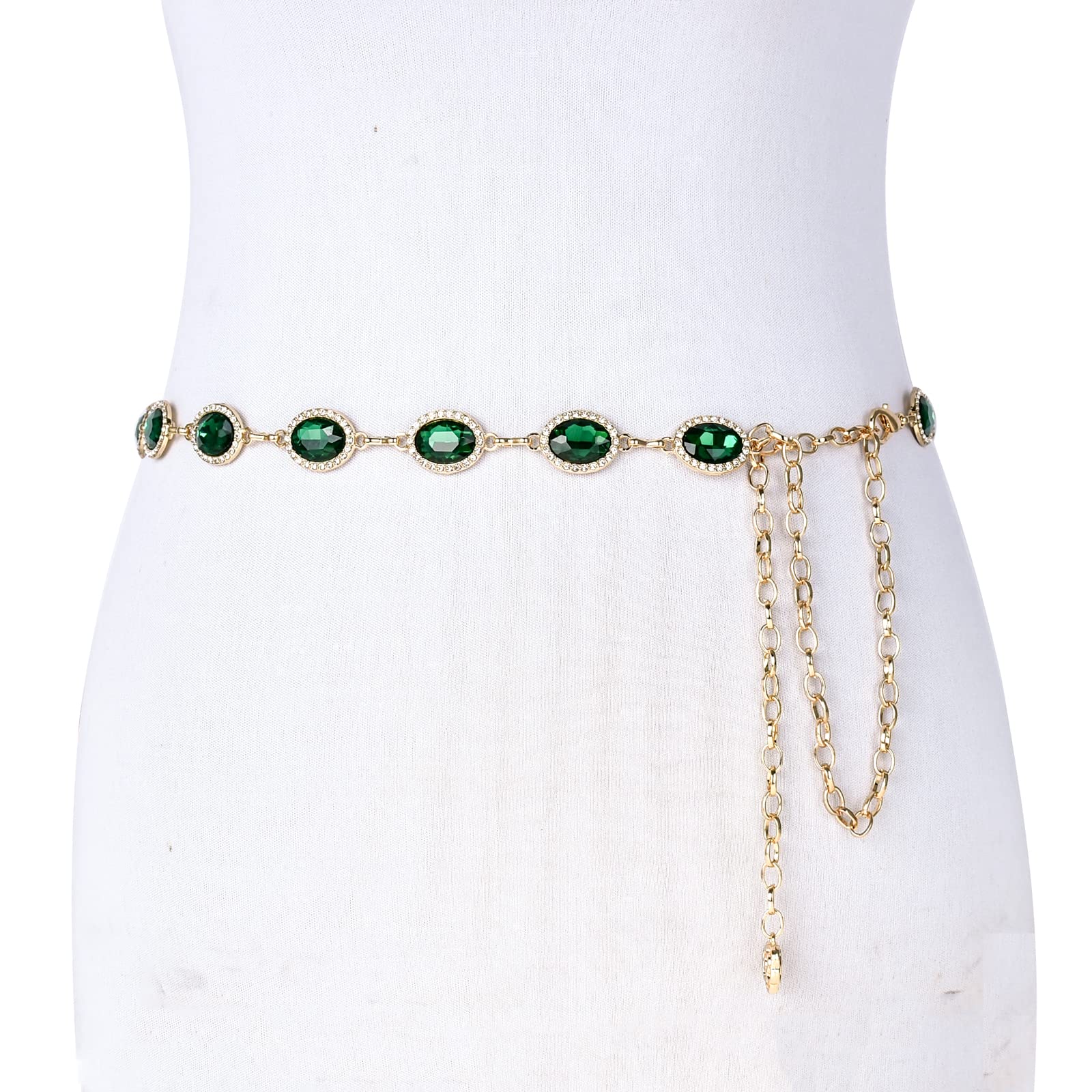 ILuvatar green glass diamond chain belt metal diamond belt women's dress metal belt women's western style belt women's belt oval decoration