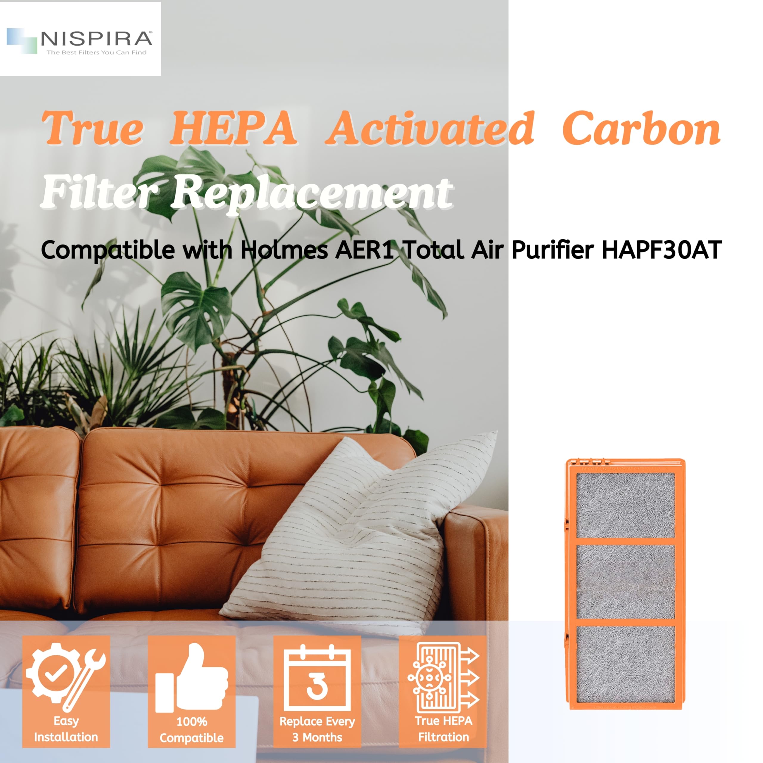 Nispira AER1 Filter Replacement for Holmes Air Purifier Smoke Grabber HAPF30AS-U4R HAPF30AT Odors Dust VOCs Remover 1.2 x 10 x 4.6 Inches, 4 Packs.