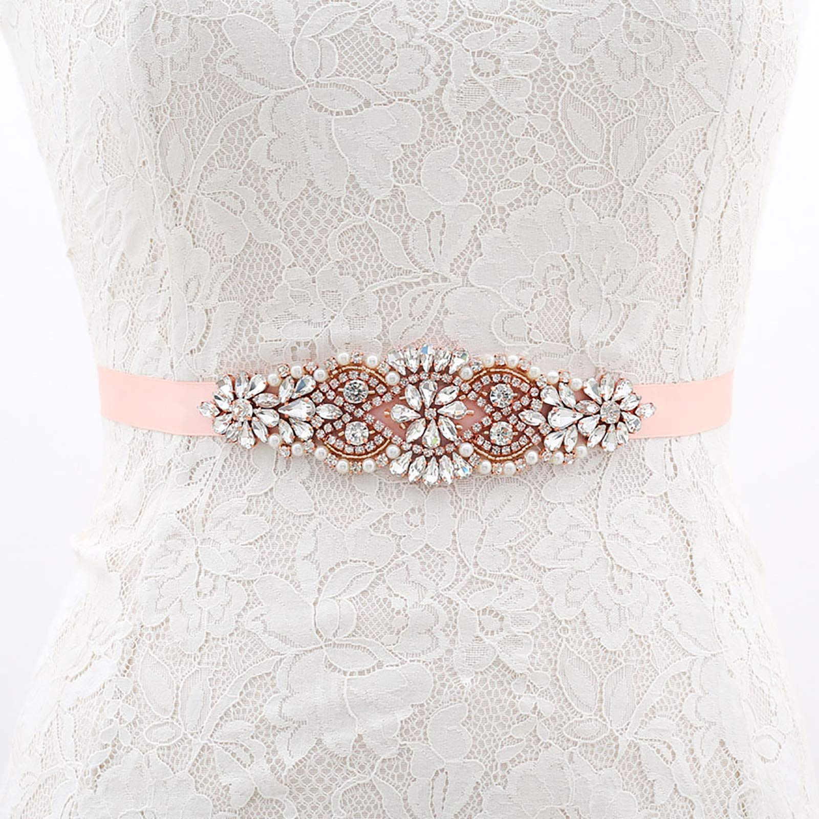 Jovbridsea Crystal Bridal Belt for Wedding Gown, Wedding Dress Belts with Rhinestones and Pearls for Bride (Rose gold,Blush)