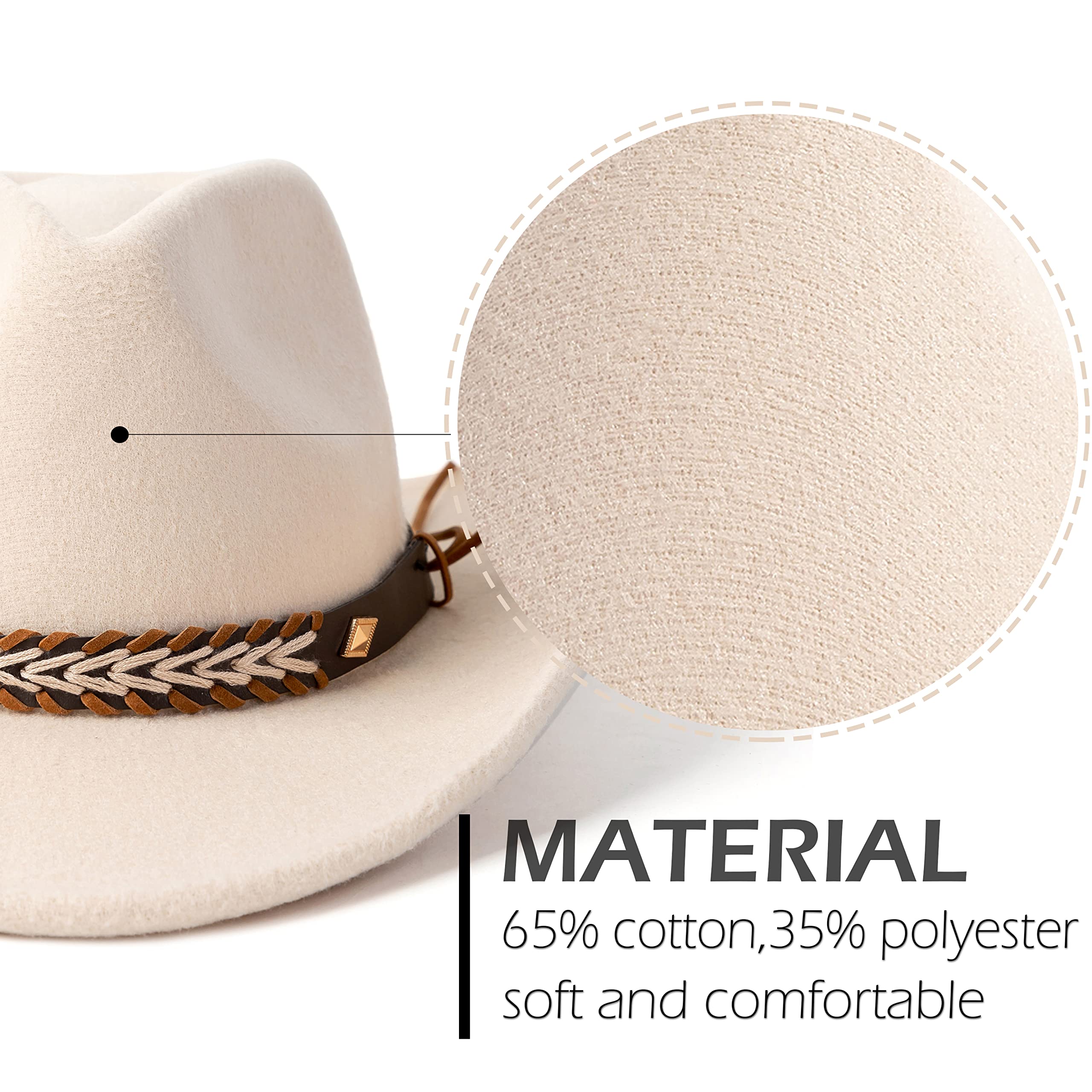 Gossifan Western Cowboy & Cowgirl Hat Felt Wide Brim Women Men Fedora Hats-Beige