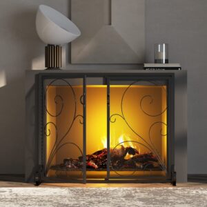 Fire Beauty Fireplace Screen with Doors, Handcrafted Solid Steel, Heavy Duty Metal Mesh, Powder Coat Finish, Spark Guard